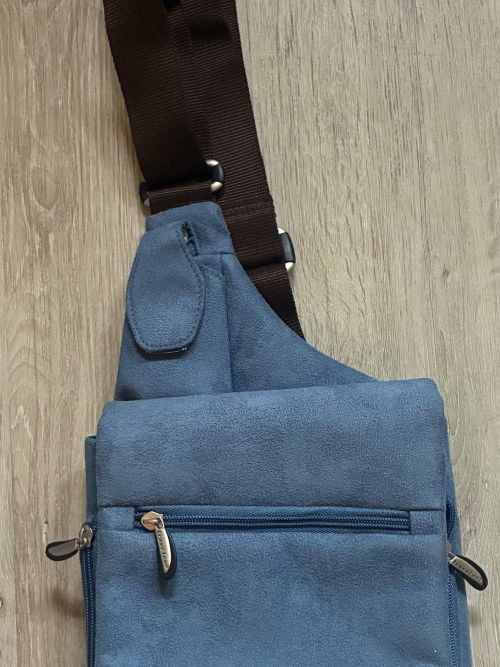 Travelon Blue Micro Suede Crossbody Sling Bag with Brown Strap